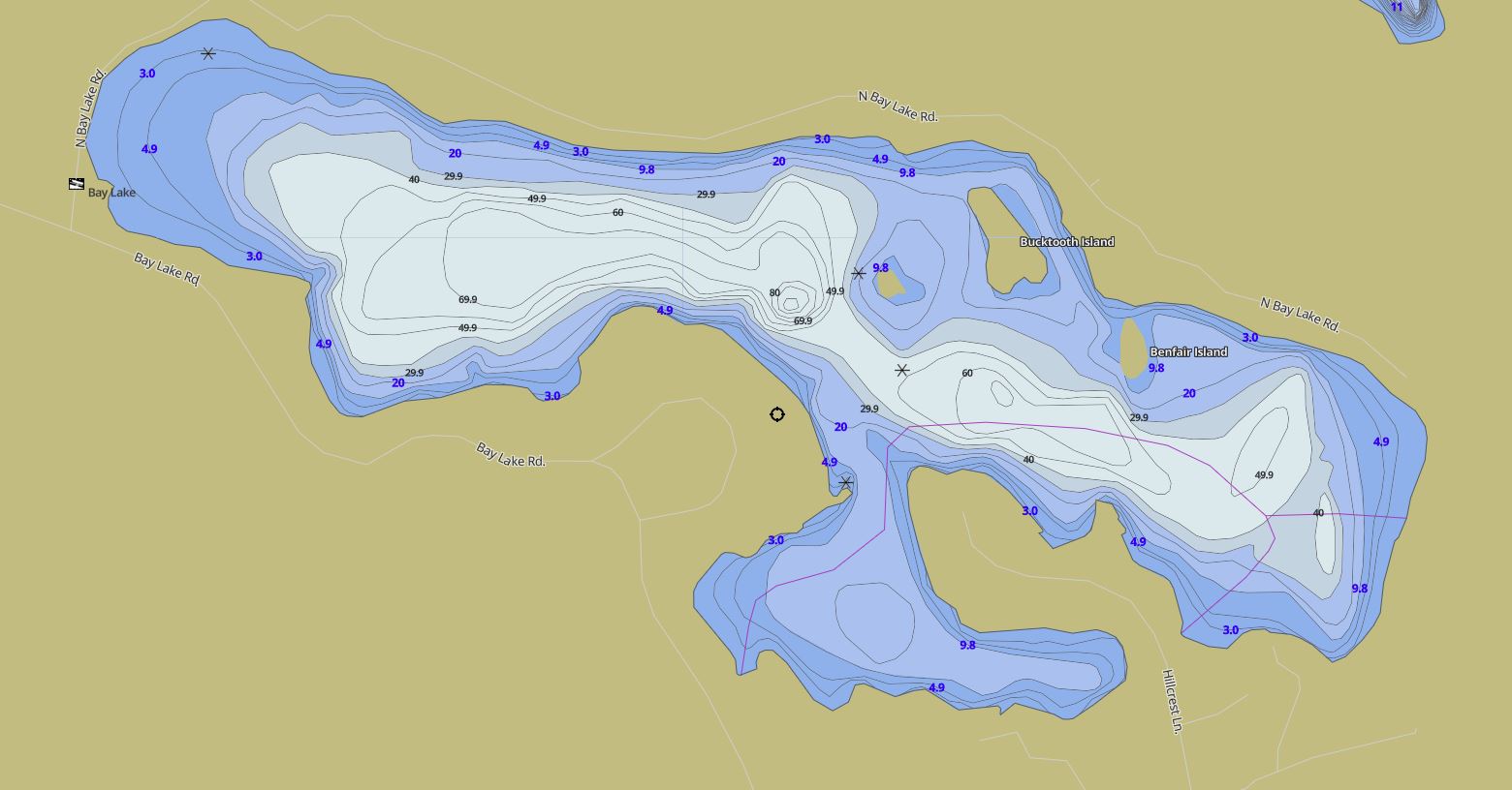 Contour Map of Bay Lake in Municipality of Perry and the District of Parry Sound